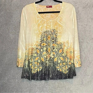 M by Amour XL Top Shirt Gold Paisley 3/4 Sleeve Scoop Neck Embellished P19